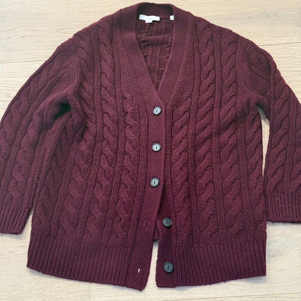 VINCE S/P Oversized Wool/Cashmere Cable Knit Cardigan-  WINE Color - Great Cond
